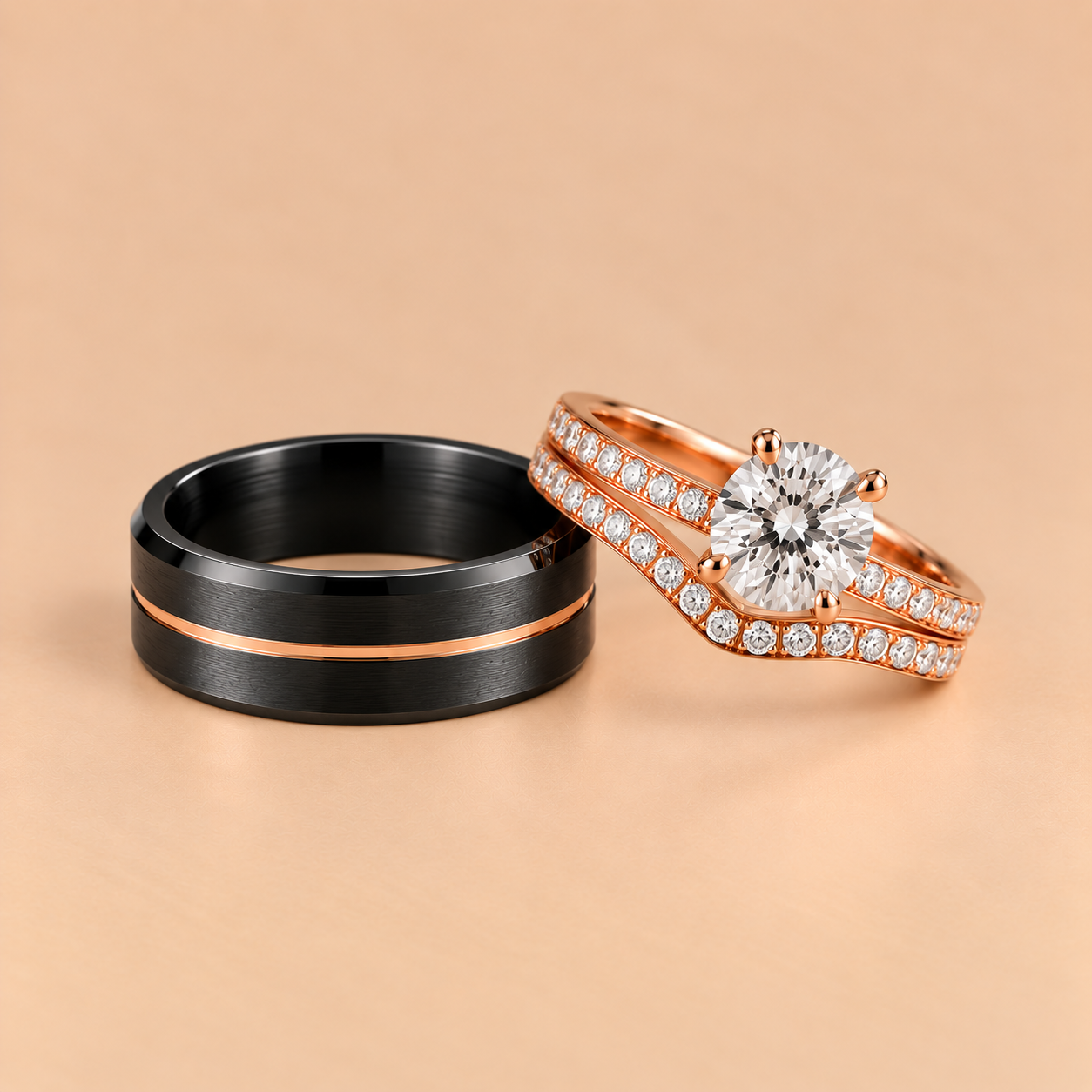 Black & Rose Gold Wedding Set Wedding Band Set