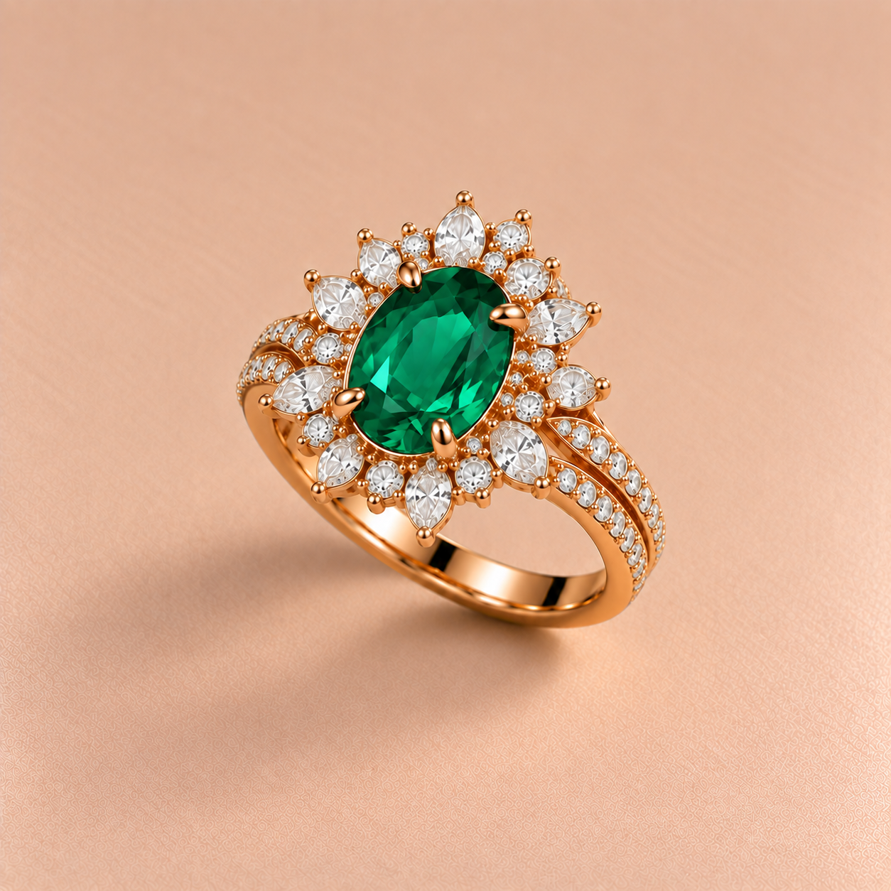 Emerald Diamond Halo Ring Cocktail / Gemstone Ring